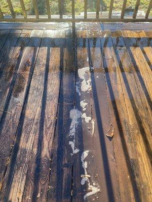 Deck cleaning in process of cleaning. Left side is before right side is after.