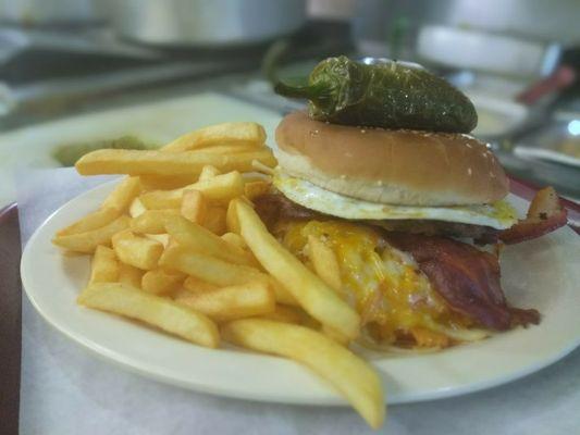 Delicious Breakfast Burger with side of fries.. Best seller...