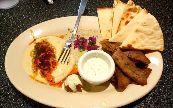 Gyro platter (#2) with hummus and babaganoush and one additional falafel.