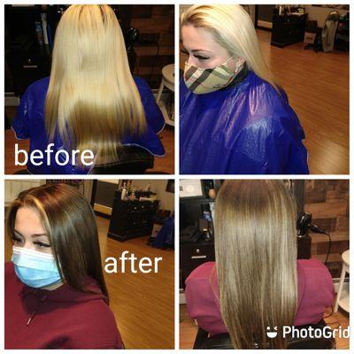 Corrective color back to natural brown with peekaboo highlights