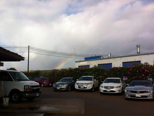 Rainbow sky, monochrome cars