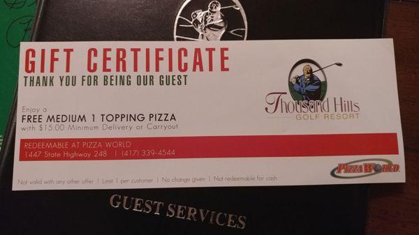 We recieved a free coupon book that we used at the mall but this pizza place had bad reviews so we declined this offer.