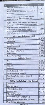 Sushi menu update 5/31/23