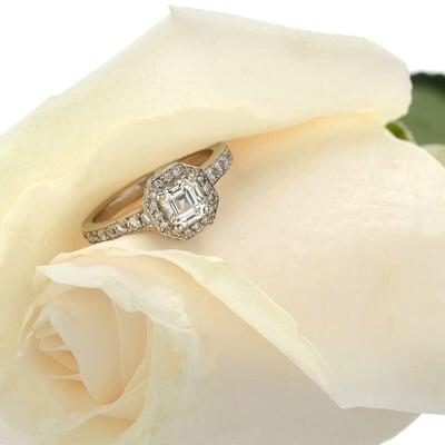 Asher cut vintage diamond set in white gold pave diamond engagement ring