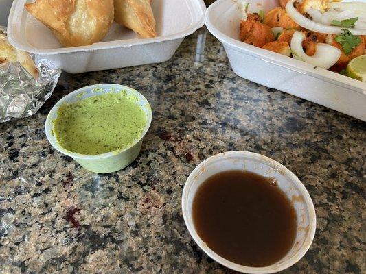 2 Pieces Samosa Chaat!! And I forgot to mention that the side sauces are THE BEST! We normally don't like these.