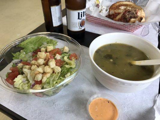 Side salad (huge!) and Italian wedding soup.