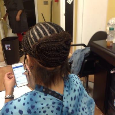 Braided base on long hair.