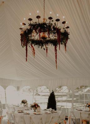 Chandelier decorated by kinderhook for a wedding at the Barney Estates