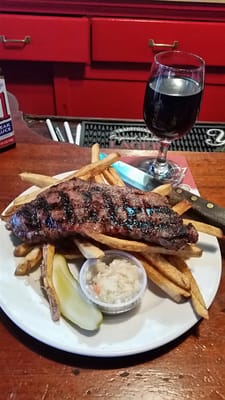 New York Strip, fresh cut fries and cole slaw. Steak cooked perfect med. rare, fries crispy, very good flavor $10.95 wow!!!!