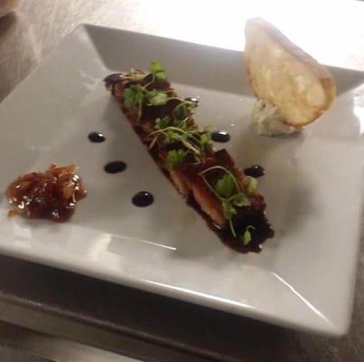 Pork belly appetizer with toast point herbed mascarpone and tomato jam dips