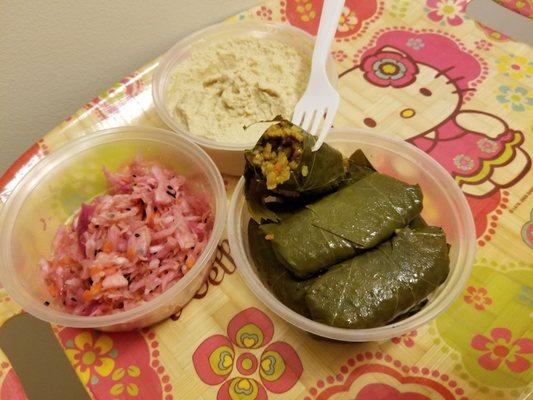 Israeli Picked Slaw, Fresh Hummus, and Dolmas are tasty and authentic!