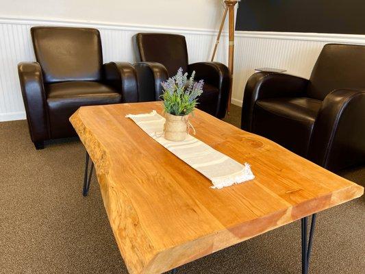 Beautiful wood coffee tables in the waiting area. The staff goes out of their way to keep the office clean and inviting.