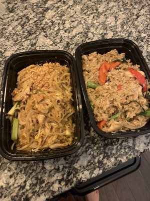 Left: Chicken pad Thai Right: chicken basil fried rice