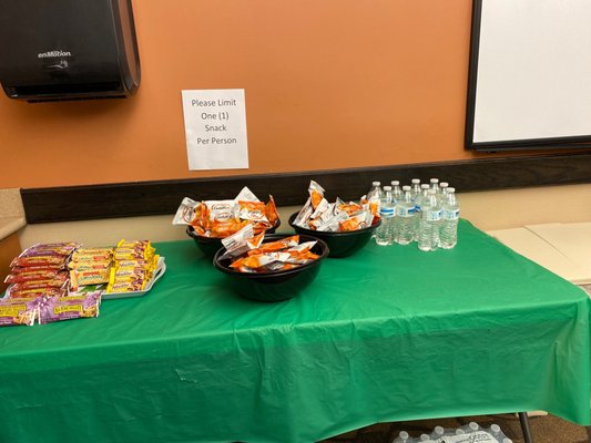 Snacks in the waiting room post vaccine. Snacks and water.