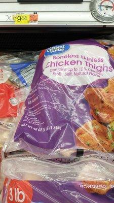 Boneless skinless chicken thighs in a giant bag $9.44