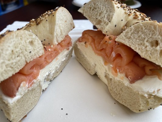 Sliced lox & cream cheese on toasted everything... perfection!