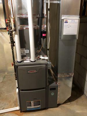 Replaced a standard efficiency furnace that had a cracked heat exchanger with a new Lennox high efficiency model.