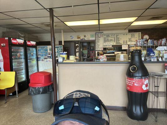 Inside the restaurant (the counter).