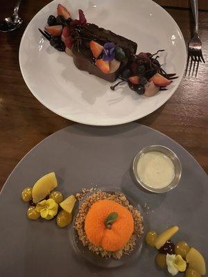 The flourless chocolate dessert and the peach dessert