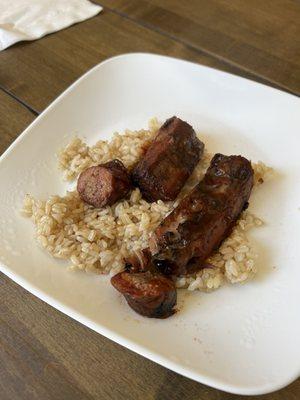 Very tasty bbq pork ribs and hot link- added my own brown rice