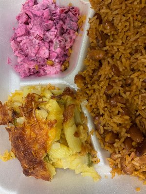 Mac and cheese, beet and potato salad