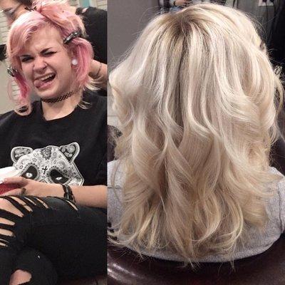 Crazy girl went from pink to white. In a day. Done by Amy