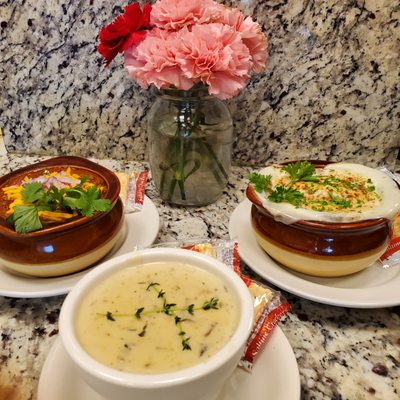 Chili, French Onion Soup, and Mushroom Soup