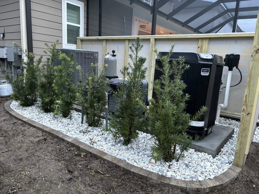 Designed the pool wall and hid our ugly equipment - plus added rock bed with trees