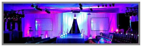 Fashion Show set up. Stage, Pipe&Drape, Lighting and Screens, all provided by Dream House