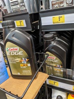 My car uses 5W-40 full synthetic oil. I like to buy Castrol Edge. Regularly $9.99/qt or $34.99 for 5-qt bottle.