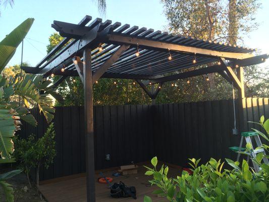 Backyard Pergola lighting and TV with soudbar