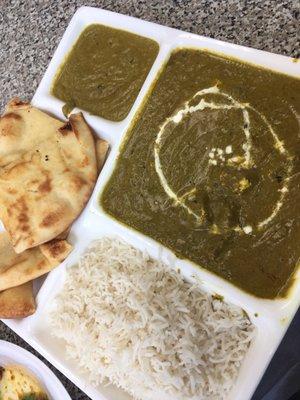 Saag paneer with basmati rice and some of the tastiest naan I've eaten