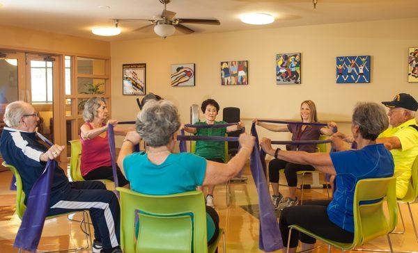 Exercise room with weekly group classes for all fitness levels.