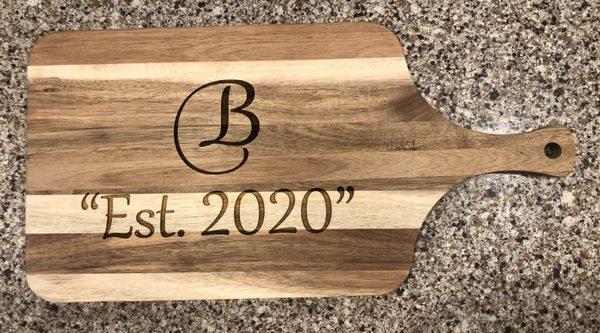 We will engrave on cutting board you supply or we also sell several different styles.