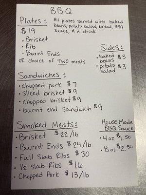 BBQ Menu - All cut, prepped, and cooked in house.