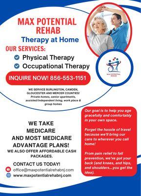 HOME BASED THERAPY in Burlington, Mercer and Camden counties! Call today to inquire.