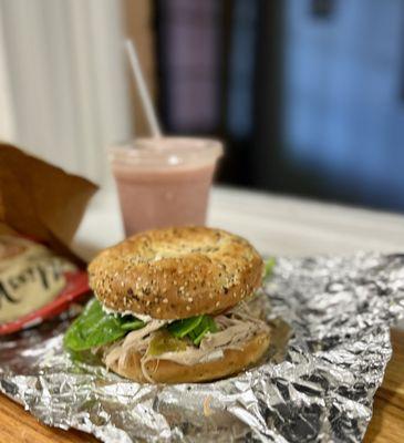 Bagel Sammie and a berry smoothie. Glad to find a place to get awesome smoothies.