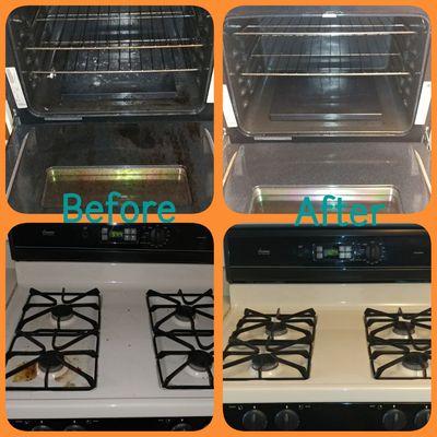 A before and after picture of a stove and oven our crew member worked on.