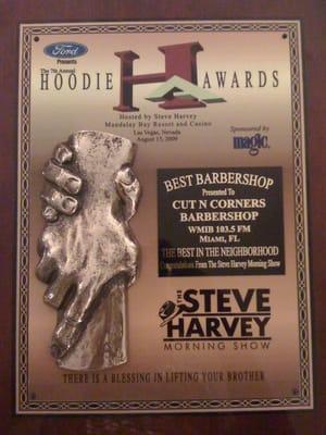 Cut N Corners Barbershop are the proud winners of the 2009 Steve Harvey Hoodie Award for "Best Barbershop" in the Country.