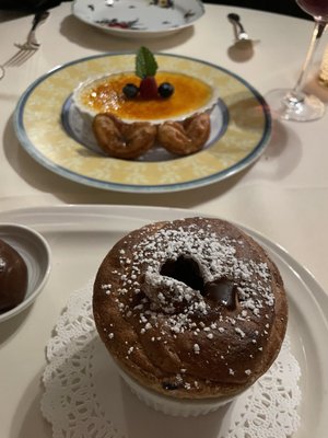 Crème brûlée and chocolate soufflé