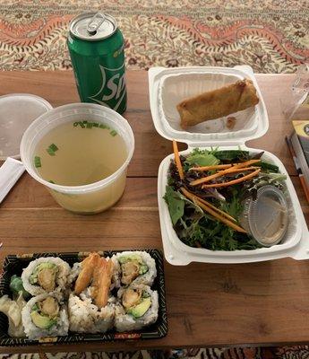 Miso soup, house salad, egg roll, shrimp tempura roll.