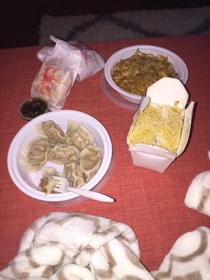 Chicken Lo mein, steamed dumplings and chicken fried rice