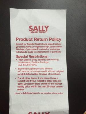 Product return policy for Sally Beauty Supply as of 7.30.15