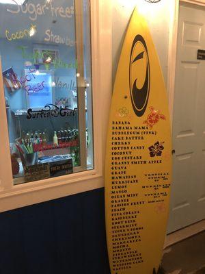 34 flavors artfully displayed on their surfboard sign