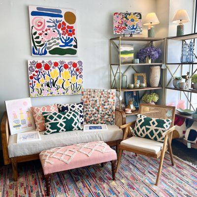 Local art and colorful accessories and cool furniture!