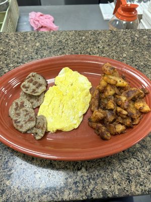 Eggs, sausage, and Home Fries