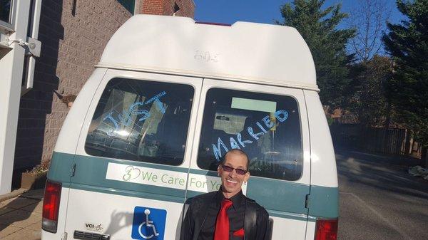 My partner is limited to a motorized wheelchair.  Kelley painted "Just Married" all over her van while we were having our Holy Union Service