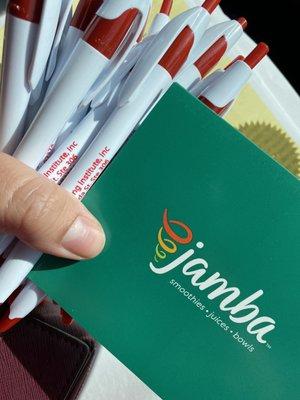 A Jamba Juice gift card and whole lot of pens