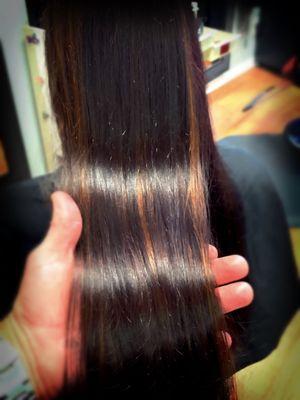 Foiled chunky copper highlights and all over mahogany brown color