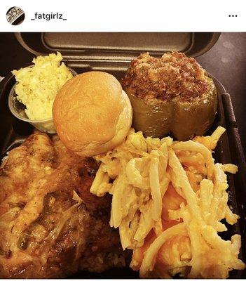 SoulFood Sunday stuffed bell pepper, Mac&Cheese, smothered chicken potato salad